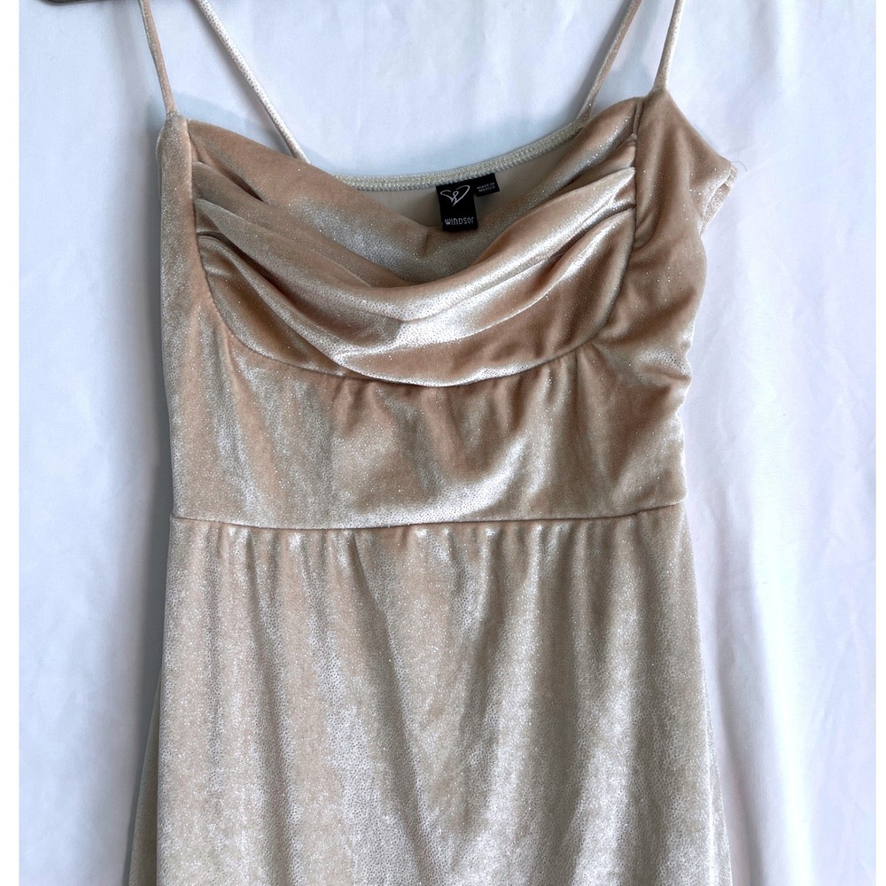 Windsor Champagne Gold Glitter Cowl Neck Maxi Dress High Slit Formal  Gown